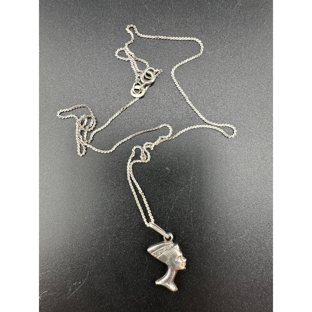 Vintage 925 Sterling Silver Nefertiti Pendant Necklace Italy 18" Chain 056 (35)